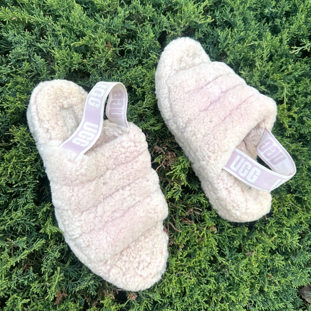 UGG‎ Fluff Yeah Sheepskin Slides Women's Size 8 Pink Rose Slingback Shoes